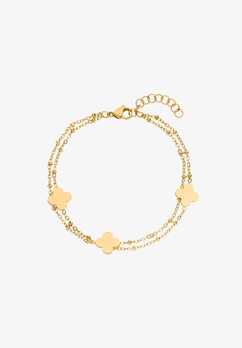 Gold chain bracelet featuring three flower-shaped accents, alternating with delicate links. Includes a lobster clasp and adjustable chain.