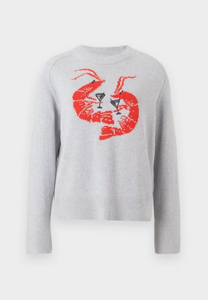 Gray sweater featuring a red lobster graphic with cocktail glasses, ribbed cuffs, and hem. Made of soft knit material, casual fit.