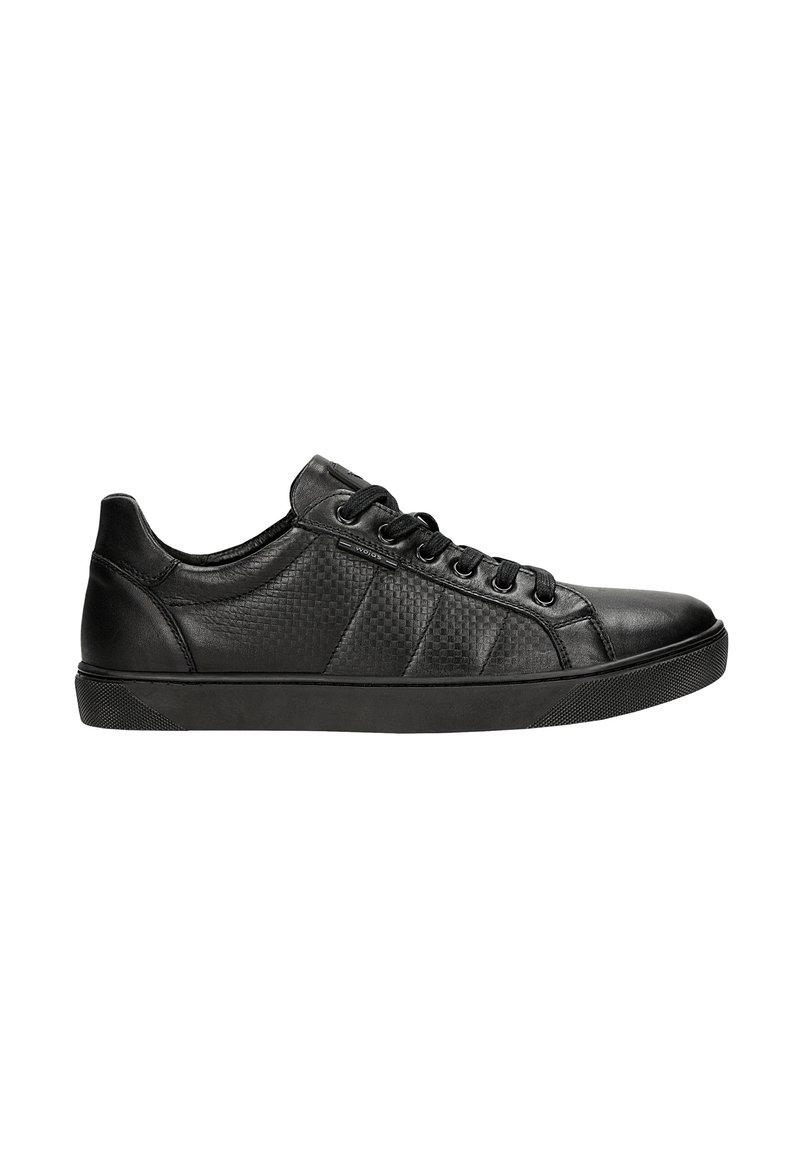 Sneaker in pelle nera con pannelli laterali testurizzati, lacci piatti, punta rotonda e suola in gomma per una buona aderenza. Design minimalista con accenti sottili.