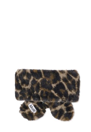 Diadema de felpa suave con estampado de leopardo y cubiertas redondas para las orejas, etiquetada con la marca "Molo".