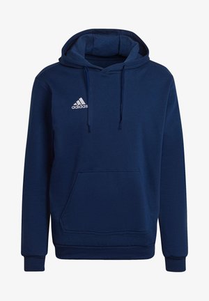 Sweatshirt azul-marinho feito de tecido suave, com um bolso canguru frontal, capuz ajustável com cordão e logotipo da Adidas bordado em branco.