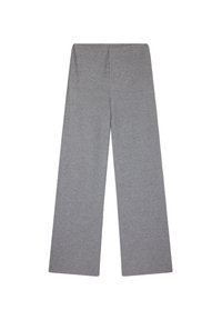 Pantaloni larghi a coste grigi in maglia, con vita elastica, sistemati su uno sfondo bianco.