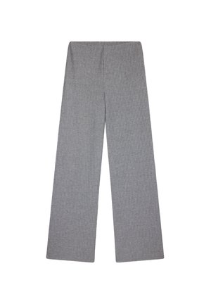 Pantaloni larghi a coste grigi in maglia, con vita elastica, sistemati su uno sfondo bianco.
