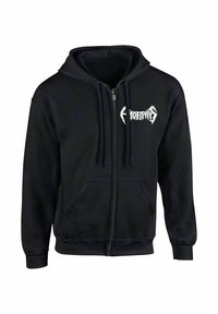 Sudadera con cremallera negra hecha de una mezcla de algodón, presenta un logotipo frontal en blanco, dos bolsillos laterales, capucha ajustable con cordón y puños y dobladillo acanalados.
