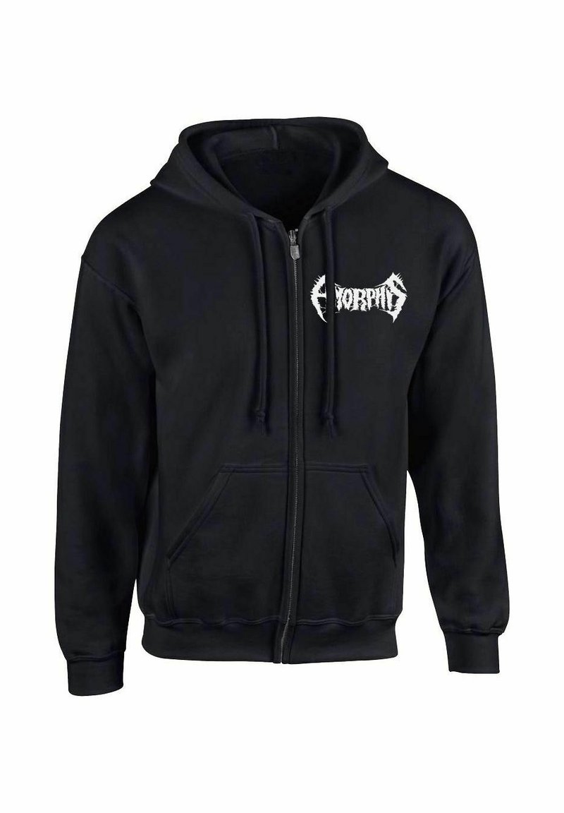 Sudadera con cremallera negra hecha de una mezcla de algodón, presenta un logotipo frontal en blanco, dos bolsillos laterales, capucha ajustable con cordón y puños y dobladillo acanalados.