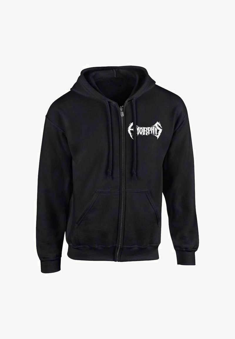 Felpa nera con zip realizzata in un misto di cotone, con logo frontale bianco, due tasche laterali, cappuccio con cordini e polsini e orlo a costine.