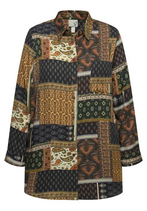 Patchwork shirt met diverse ingewikkelde patronen in bruin, groen en crème. Ontworpen met een kraag, knopen en lange mouwen.