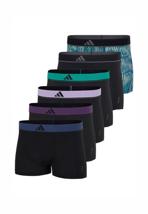 Seks sorte herreboxershorts med forskellige farvede linninger, inklusive blå, lilla, grøn og et mønstret blå-grønt design, arrangeret på række.