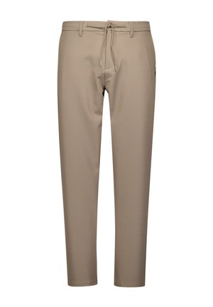 Beige broeken met een slank ontwerp, gemaakt van gladde stof. Voorzien van een elastische taille met trekkoord en taps toelopende pijpen. Geen zichtbare zakken.