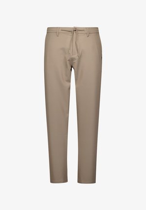 Beige broeken met een slank ontwerp, gemaakt van gladde stof. Voorzien van een elastische taille met trekkoord en taps toelopende pijpen. Geen zichtbare zakken.