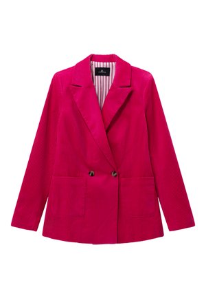 Pink corduroy blazer with wide lapels, double-button closure, and two front pockets. Lined with a striped, contrasting fabric.
