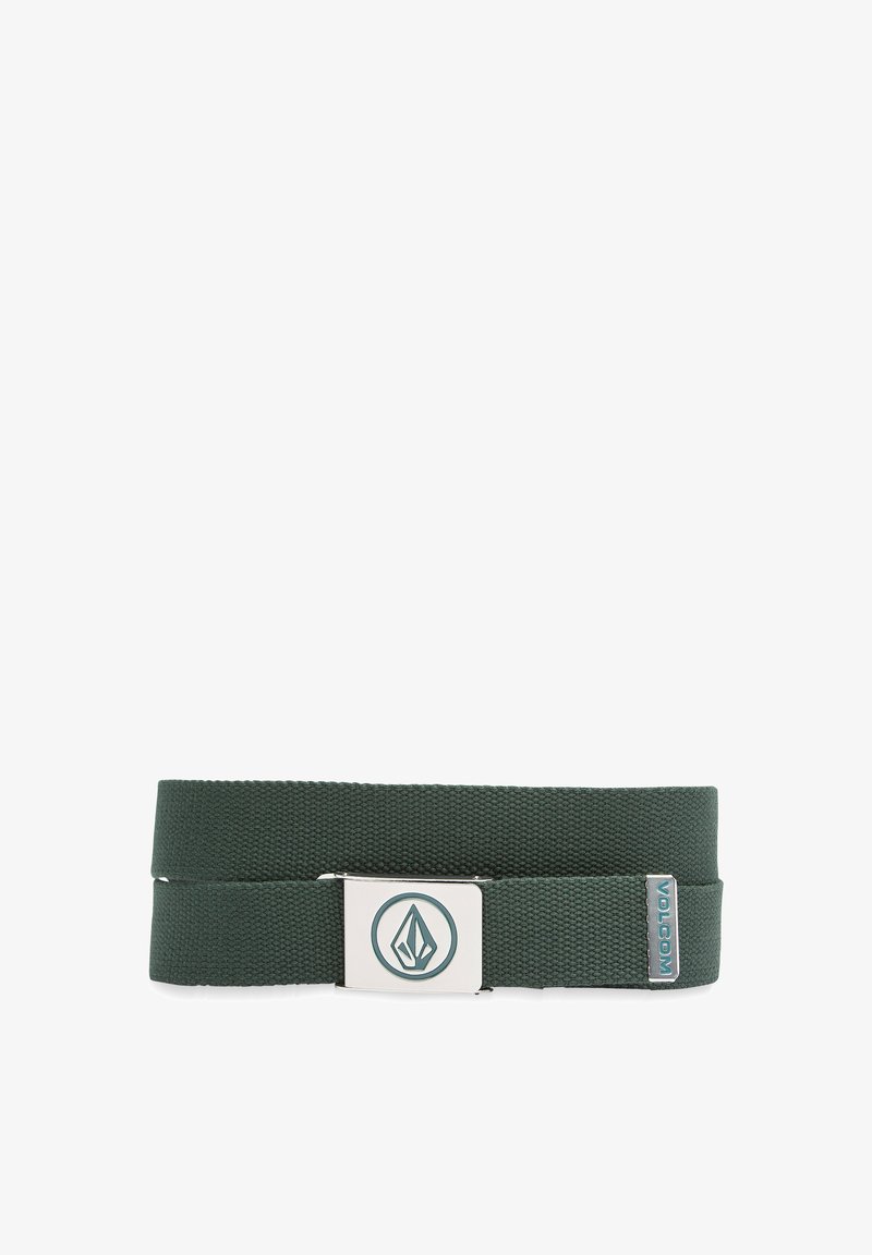 Green woven belt with a metallic silver clasp featuring a logo. Includes a stitched label with the text "Volcom" in light blue.