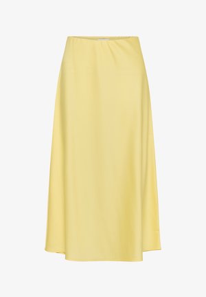 Maxi sukně v jemně žluté látce s volným střihem, elastickým pasem a hladkým povrchem. Bez viditelných vzorů nebo kovových prvků.
