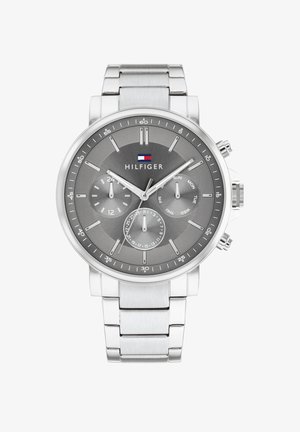 Silver chronograph watch with a gray textured dial, three subdials, silver hour markers, and a metal link bracelet. Brand logo displayed.