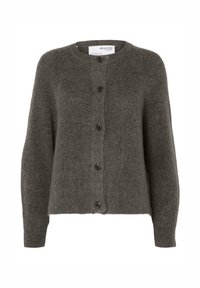 Dunkelgraue Strickjacke mit langen Ärmeln, rundem Halsausschnitt und fünf schwarzen Knöpfen an der Vorderseite.