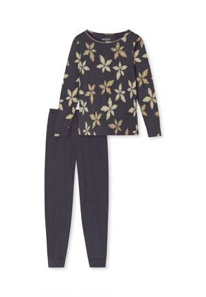 Svart pyjamasset som består av en långärmad topp med ett guldigt blommönster och matchande byxor med elastiskt midjeband och tapered mudd. Mjuk tyg.