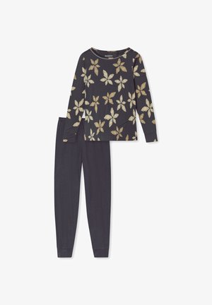 Schwarzes Schlafanzugset mit langärmeligem Oberteil im goldenen Blumendesign und passender Hose mit elastischem Bund und engen Bündchen. Weicher Stoff.