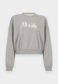 Γκρι cropped φούτερ με μακριά μανίκια, διακοσμημένο με λευκό κείμενο «Smile» στολισμένο με στοιχεία που μοιάζουν με μαργαριτάρια. Κατασκευασμένο από απαλό, υφασμένο ύφασμα.
