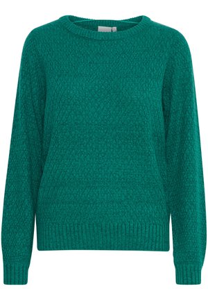 Pulover tricotat teal cu mâneci lungi, decolteu rotund și model texturat. Manșete și tiv cu model în relief. Material ușor și confortabil.