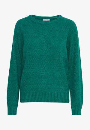 Teal neulepaita pitkillä hihoilla, pyöreällä kaula-aukolla ja teksturoidulla pinnalla. Ribbaatut hihansuut ja helma. Kevyt, mukava kangas.