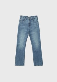 Light blue denim jeans with a straight-leg cut, featuring a high waist, belt loops, five pockets, and faded area details.