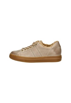 Baskets beige clair avec une tige texturée, doublure en fausse fourrure et semelle en caoutchouc. Dotées de lacets plats et d'œillets en métal.