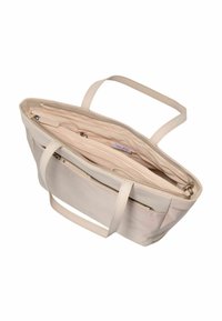 Beige totebag med dobbelte stropper, udstyret med en lynlåslukket hovedrum og flere indvendige lommer til organisering. Glat tekstur.