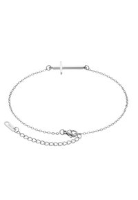 Sølv kædearmbånd med en vandret korsvedhæng, med en krabbe-lås og justerbar længde. Glat tekstur og minimalistisk design.