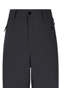 Pantaloni neri con una texture liscia, dotati di una tasca con zip su ciascun lato, chiusura con bottone e cuciture rinforzate.
