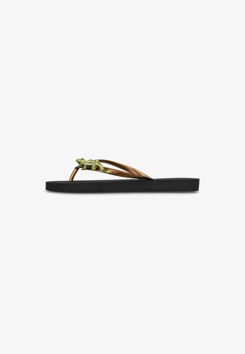 Flip-flop with a textured black sole, bronze straps, and a decorative green lizard accent on the upper strap. Simple design, minimal details.
