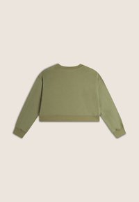 Sudadera corta de color verde oliva con cuello redondo, mangas largas y puños y dobladillo acanalados. Hecha de un tejido suave con una textura lisa.