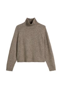Brązowy sweter z golfem, wykonany z dzianiny, z prążkowanym dekoltem, luźnym krojem i textured wzorem; ma krótki fason i długie rękawy.