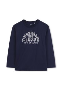 Marineblaues Langarm-T-Shirt aus Baumwolle mit weißem Text: "TIMBERLAND EST 1973 NEW ENGLAND." Standard Rundhalsausschnitt.