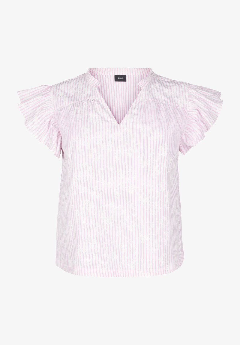 Svetloružová blúzka s bielymi pruhmi, krátkymi volánikovými rukávmi a výstrihom do V. Vyrobená z textúrovaného materiálu s jemným vzorom.