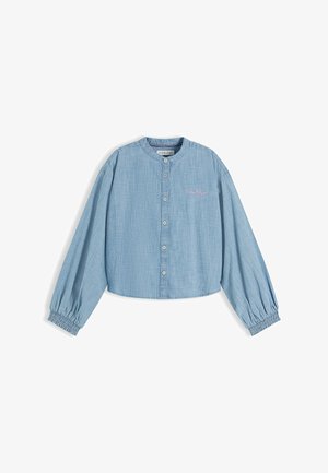 Jong meisje staand, draagend een blauwe blouse met knopen, een beige geplooide rok en zwarte loafers tegen een effen witte achtergrond.
