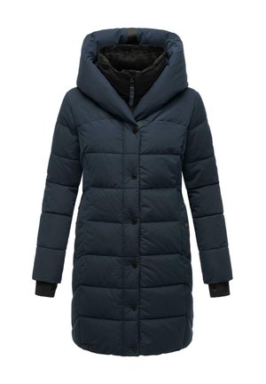 Cappotto puffer navy dotato di una grande cappuccio, chiusura con bottoni, maniche lunghe con polsini in maglia e design trapuntato per l'isolamento.