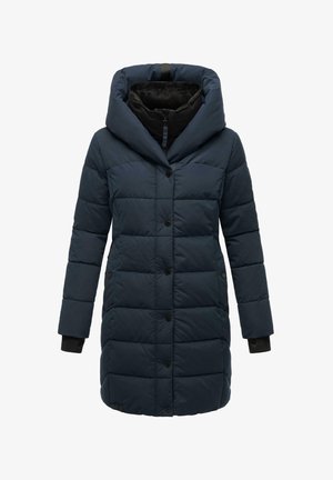 Cappotto puffer navy dotato di una grande cappuccio, chiusura con bottoni, maniche lunghe con polsini in maglia e design trapuntato per l'isolamento.
