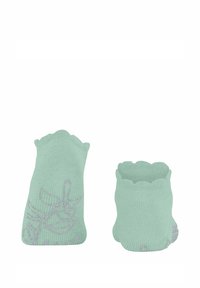 Miętowozielone bawełniane skarpetki z falistym wykończeniem na górze, ozdobione subtelnym fioletowym wzorem kwiatowym z boku. Elastyczna tekstura zapewnia komfort.