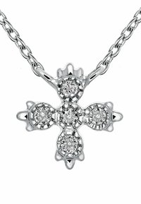 Péndulo de plata en forma de cruz, con cuatro diamantes redondos engastados en un marco de metal pulido con un diseño de eslabones.
