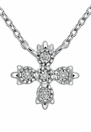 Péndulo de plata en forma de cruz, con cuatro diamantes redondos engastados en un marco de metal pulido con un diseño de eslabones.