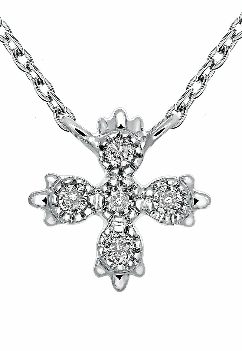 Péndulo de plata en forma de cruz, con cuatro diamantes redondos engastados en un marco de metal pulido con un diseño de eslabones.