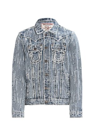Light blue distressed denim jacket with chest pockets, button closure, and white stitching accents. Classic collar and long sleeves.