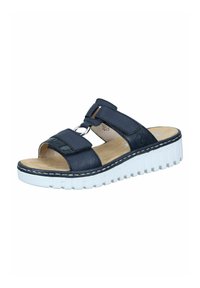 Mörkblå sandaler med en bred rem och cirkulär hårdvara. Har en vadderad fotbädd och en tjock vit gummisula med upphöjda detaljer.