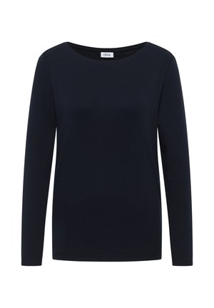 Camicia a maniche lunghe blu navy in un tessuto morbido e leggero. Presenta un collo rotondo e un design aderente. Minimalista, senza motivi o accenti.