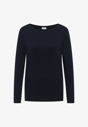 Chemise à manches longues bleu marine en tissu doux et léger. Elle présente un col rond et une coupe ajustée. Minimaliste, sans motifs ni accents.