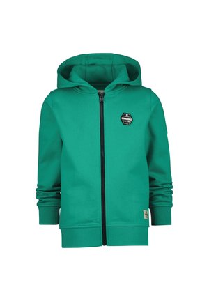 Grüne Zip-Hoodie aus Sweatshirtstoff, mit durchgehendem Reißverschluss, einer großen Kapuze und gerippten Bündchen. Inklusive eines kleinen Logopatches.
