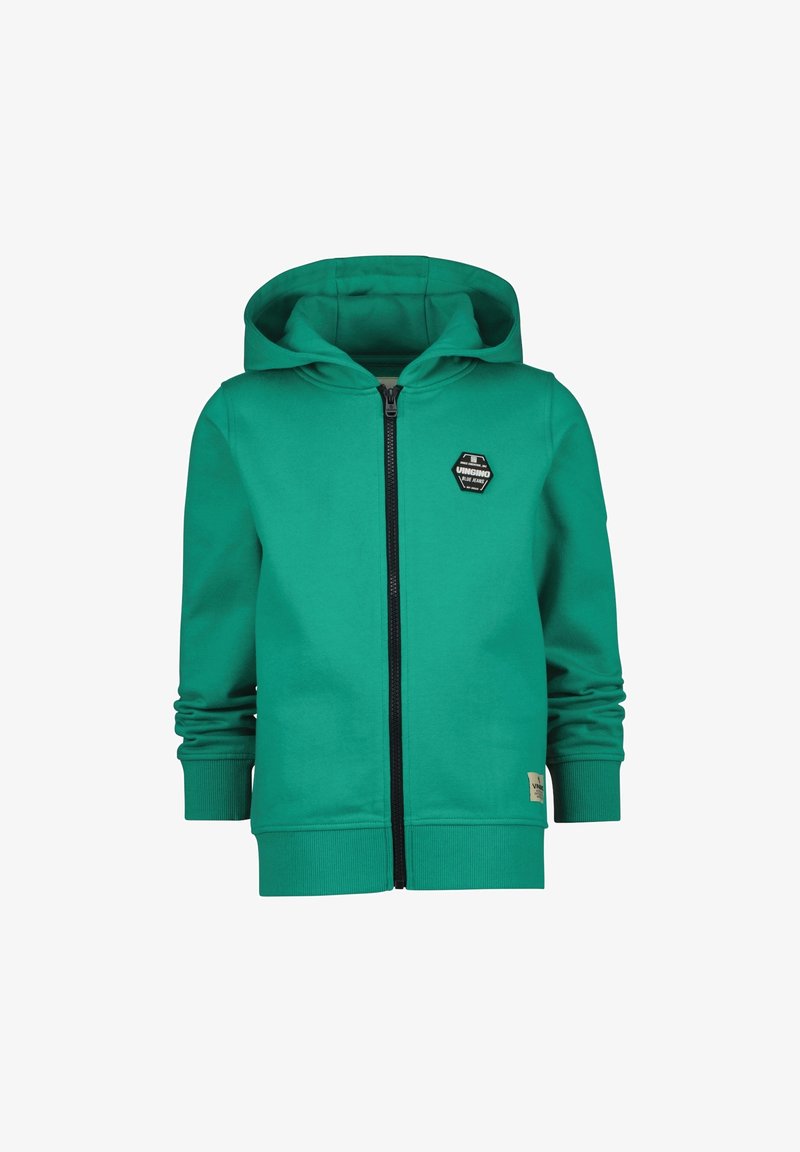 Veste à capuche zippée verte en tissu de sweat, avec une fermeture éclair à l'avant, une grande capuche et des poignets côtelés. Comprend un petit patch logo.