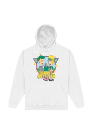 Felpa bianca con cappuccio con grafica frontale dei personaggi dei cartoni animati Beavis e Butt-Head che indossano cappelli, con il testo "Beavis & Butt-Head '93" sotto.