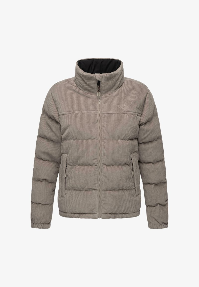 Gray corduroy puffer jacket with a high collar, zippered front, and side pockets; features quilted texture and elastic cuffs.