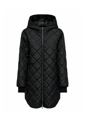 Schwarze steppierte Pufferjacke mit Kapuze, Frontreißverschluss und gerippten Bündchen. Verfügt über ein Rautenmuster und ein mittellanges Design. Glatte Textur.